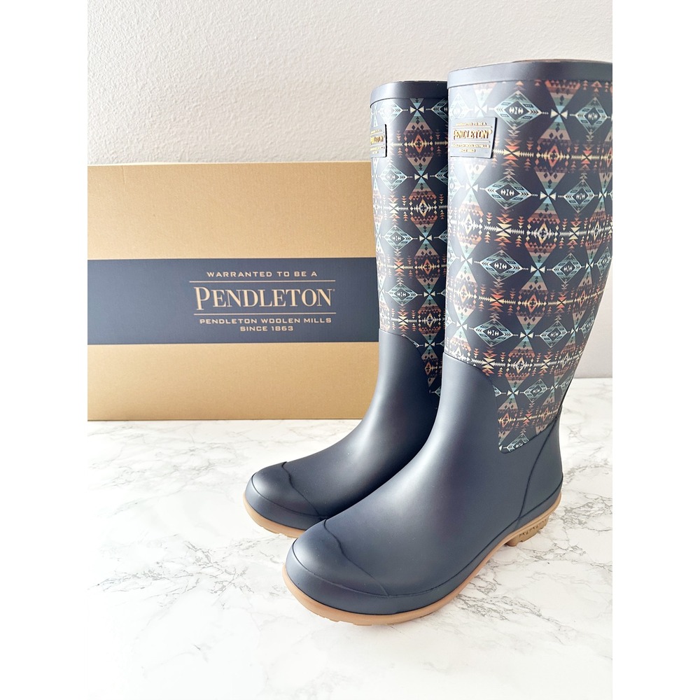 Pendleton Geometric Navy Diamond Peak Tall Rain Boot Womens Size 11 Southwestern